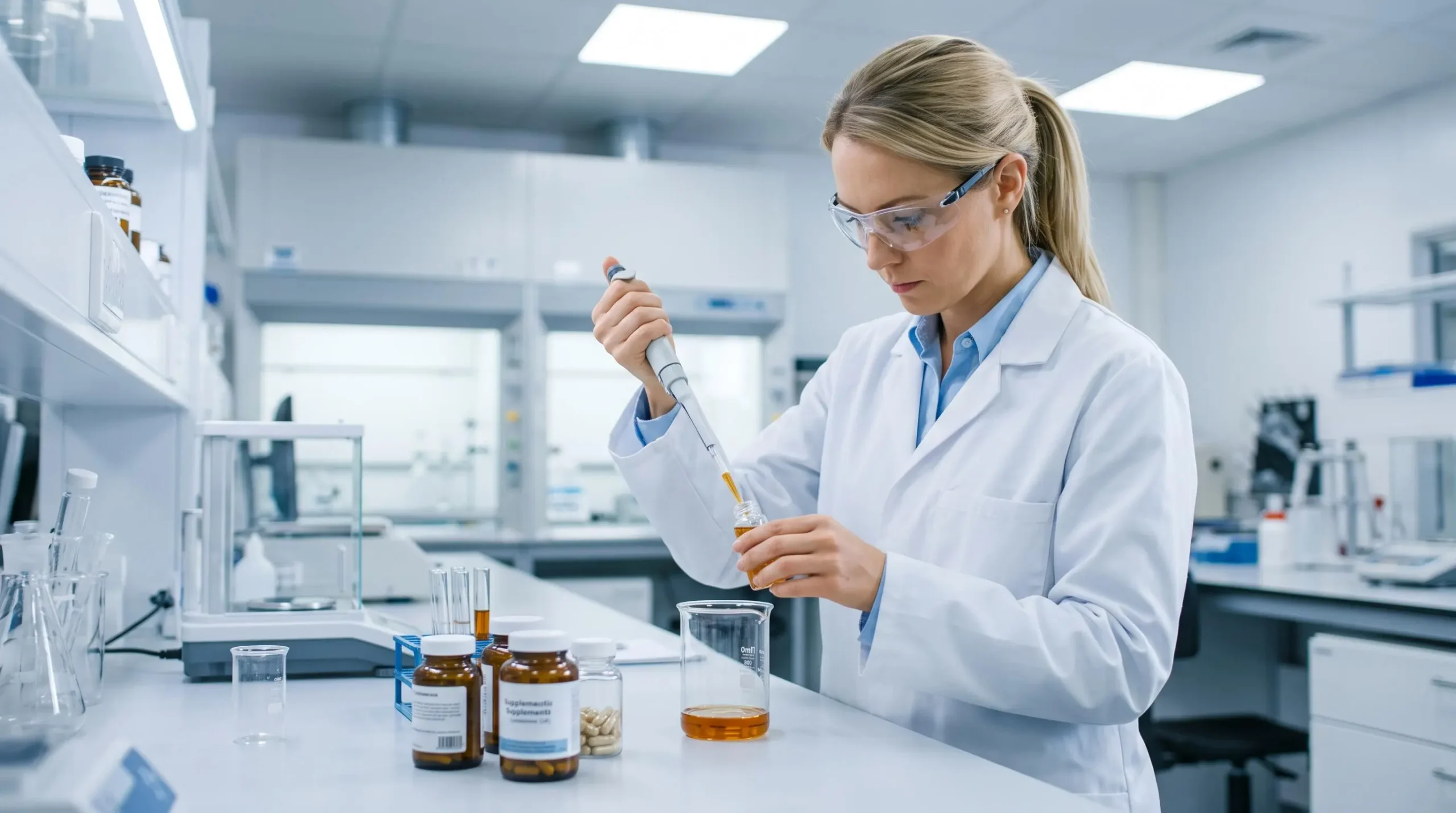 Pharmaceutical laboratory technician pipetting liquid supplement sample into testing beaker for bioavailability analysis in modern UK research facility