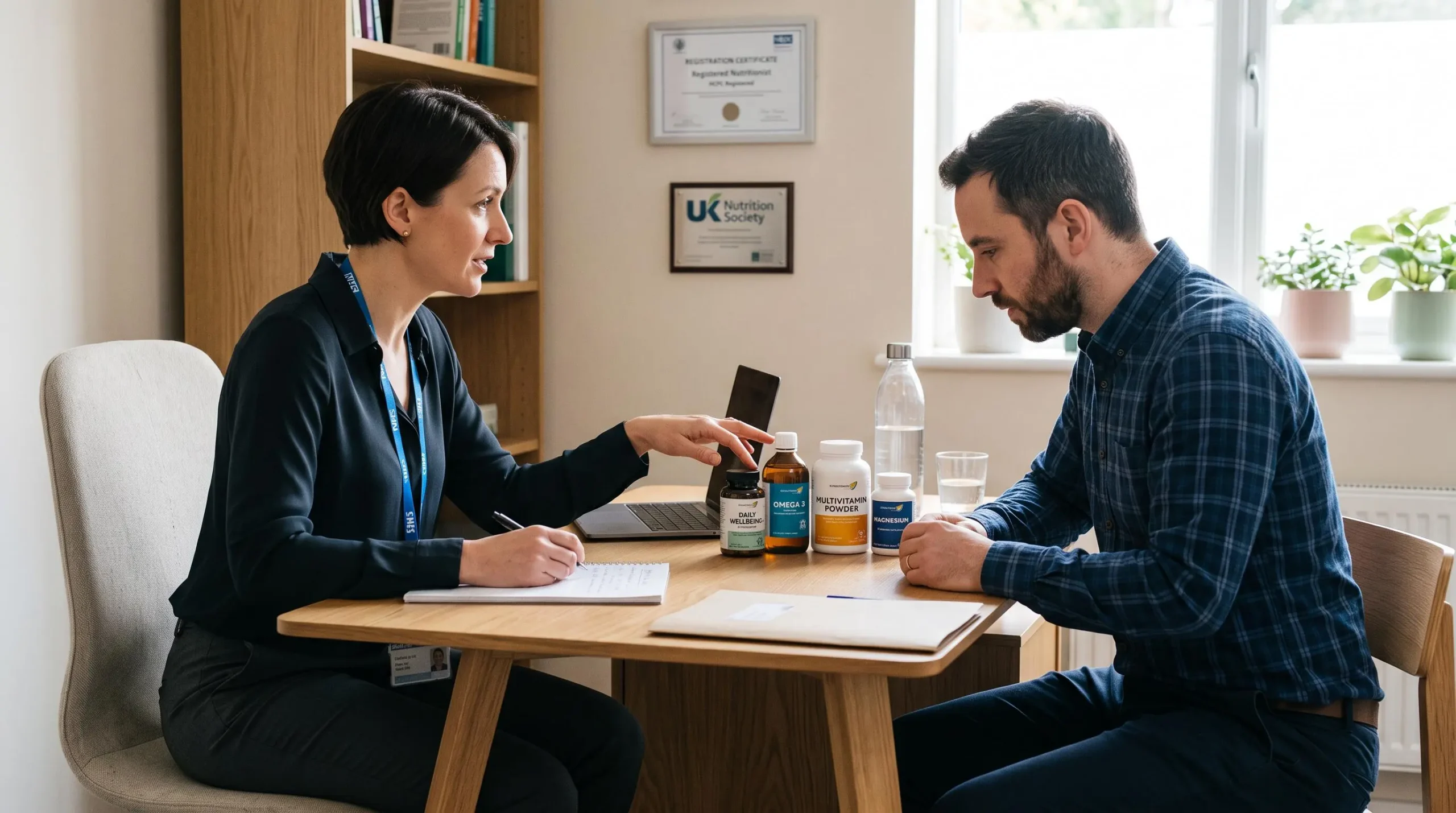 Registered nutritionist consulting with client about supplement format selection, discussing capsule, liquid and powder options across desk in modern UK consultation room