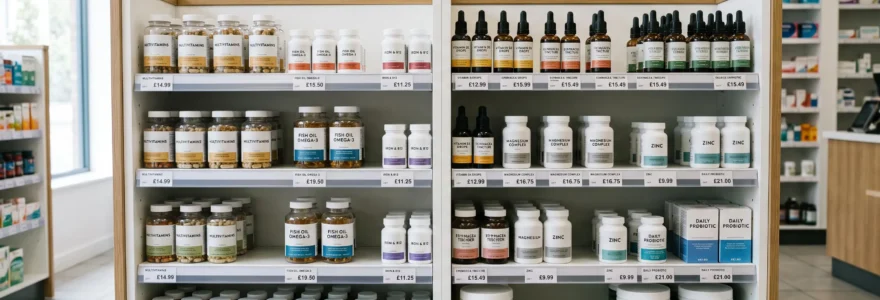 Organised pharmacy shelf displaying various natural supplement formats including capsule bottles, tablets, liquid supplements in amber glass, and powder containers in a modern UK health shop setting